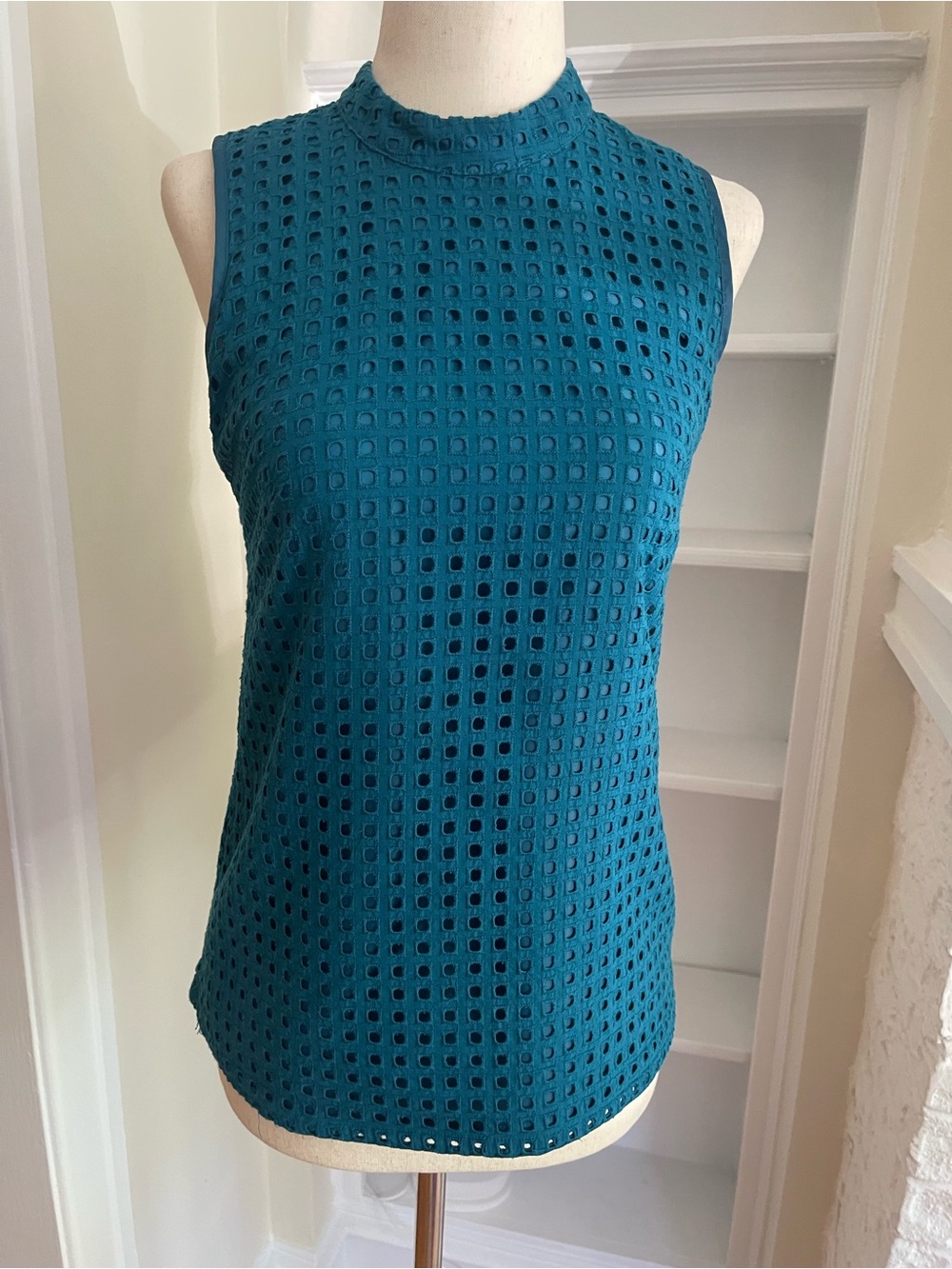 J. Crew 00 Teal Eyelet Mock-Neck Shell